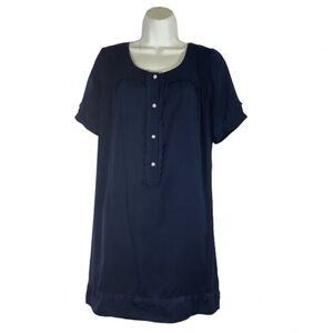 Cooperative‎ Babydoll Dress Navy Blue Short Sleeve Pearl Buttons Embroider Hem